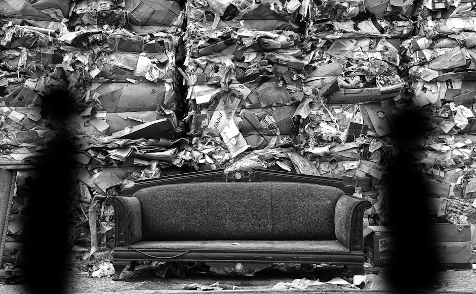 A black and white image showing an ornate vintage sofa with fabric upholstery and wooden armrests, positioned on a sidewalk area. The sofa is located in front of a large, piled wall of crumpled newspapers and cardboard, which fills the background. To the left of the sofa, a person with a blurred, shadowy figure is visible, appearing to either be lifting or positioning the sofa as part of a furniture removal or packing process. The scene is outdoors with natural lighting, and the pavement beneath the sofa is visible. The image reflects a home relocation or furniture transport scenario, with the presence of moving equipment such as straps or trolleys not visible but implied by the context of the scene. The setting underscores the logistical process involved in bulk furniture and packing material disposal or removal, consistent with professionally managed house removals by Man and Van Merton.