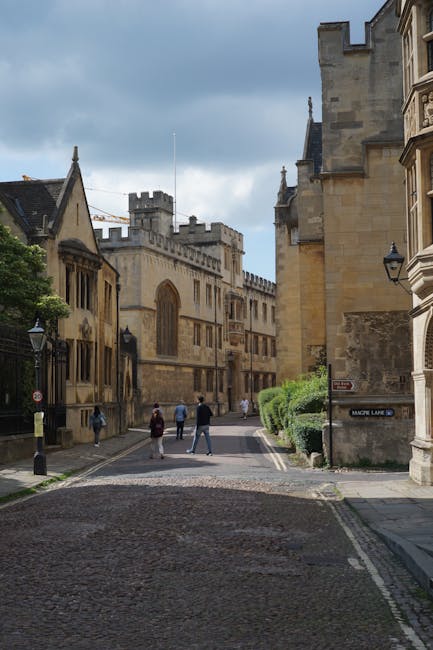 A narrow cobblestone street lined with historic stone buildings featuring large arched windows and crenellated towers, under a partly cloudy sky. In the foreground, a small group of pedestrians is walking along the pavement, while on the right side near the corner of a building, there is a street sign reading 'Alfred Lane'. To the left, a few black bollards and traditional lamp posts are visible, with lush green bushes beside the sidewalk. This scene captures a quiet urban area typical of a historic city centre, relevant to home relocation and moving services such as those offered by Man and Van Merton, illustrating an environment where removals and furniture transport can be safely planned and executed.
